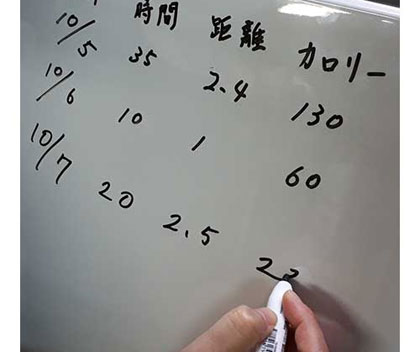 背面はささっとメモを残せて消せる便利なホワイトボードとしてご使用できます。専用ペンが1本ついています。運動記録も残せてとても便利です。