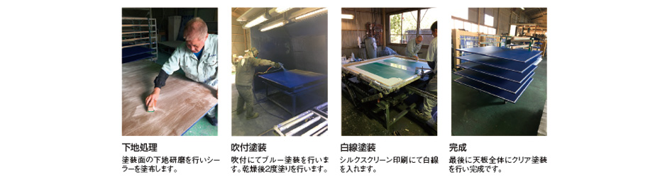 卓球台のパーティクルボード天板は1枚1枚職人が手作業で丁寧に手間をかけ塗装をしています。